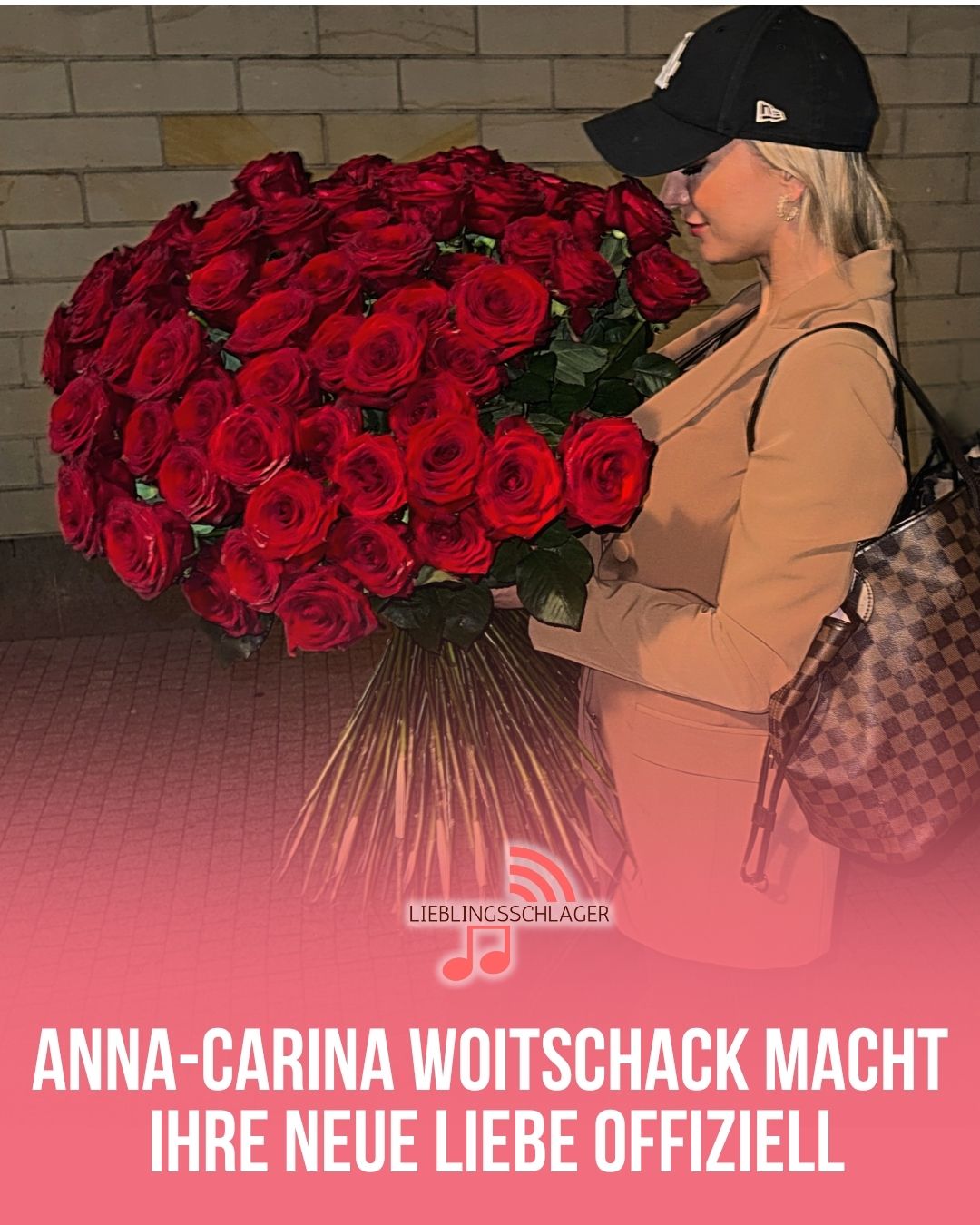 Anna-Carina Woitschack mit einem grossen Strauss roter Rosen; gelieferte Lieblingsschlager-Grafik mit der Ankündigung ihrer neuen Liebe.
