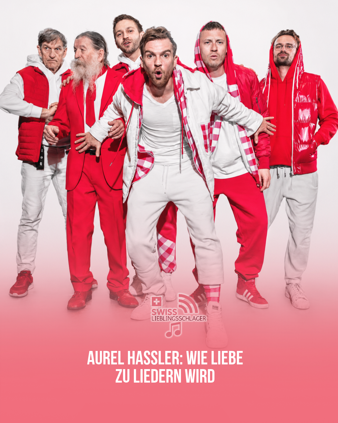Die Stubete Gäng im rot-weissen Bühnenoutfit vor hellem Studiohintergrund.