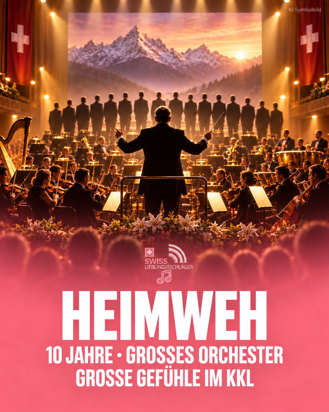 KI-Symbolbild zum Heimweh-Jubiläum: Orchester und Chor, Swiss Lieblingsschlager