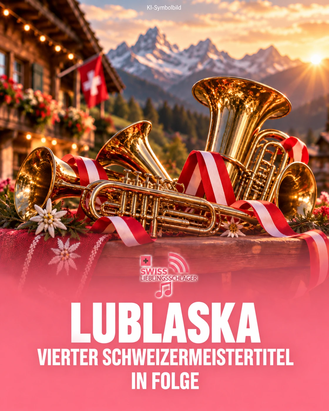 KI-Symbolbild mit Blechblasinstrumenten zum vierten Schweizermeistertitel von Lublaska