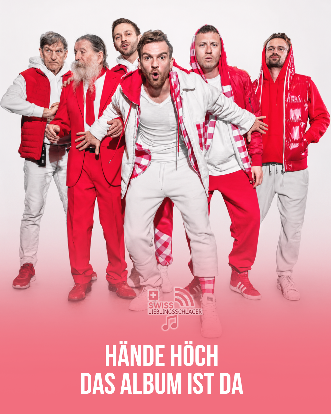 Die Stubete Gäng in rot-weissen Outfits vor hellem Hintergrund.