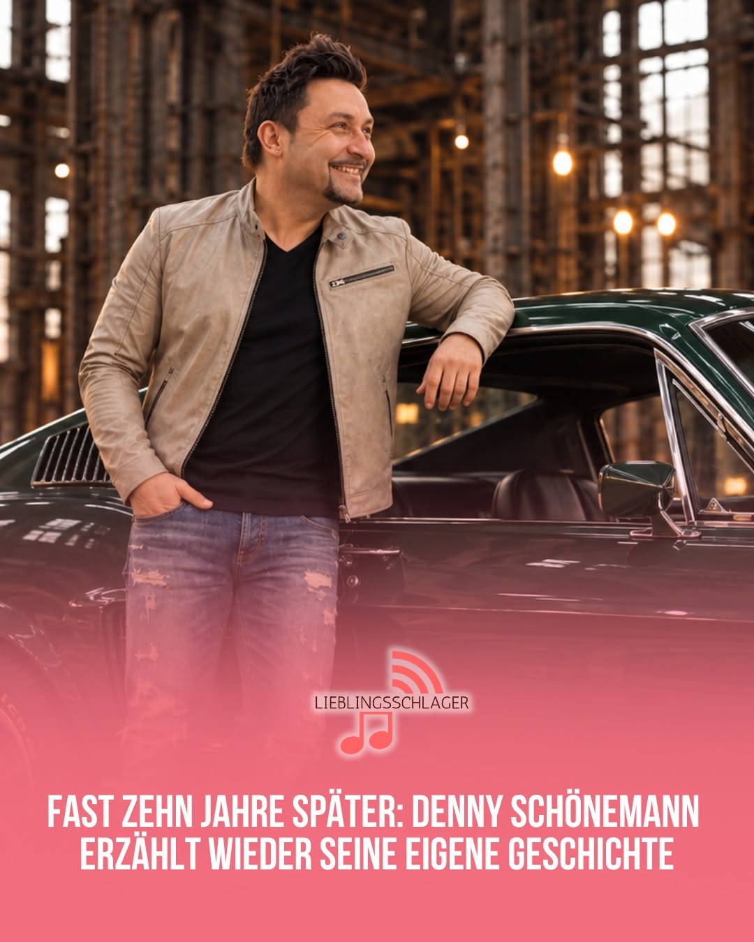 Originalgrafik des Swiss-Facebook-Beitrags: Denny Schönemann am grünen Mustang, Fast zehn Jahre später